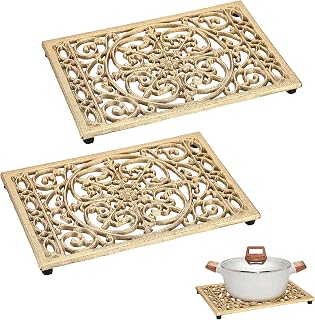 Sumnacon 2 Pack Cast Iron Trivet, 9.6x6.3 Inch Metal Trivets with Rubber Feet, Heat Resistant Trivets for Hot Dish Pot Pan Teapot, Rustic Cast Iron Accessories for Kitchen Cooktop Dining Table, Gold