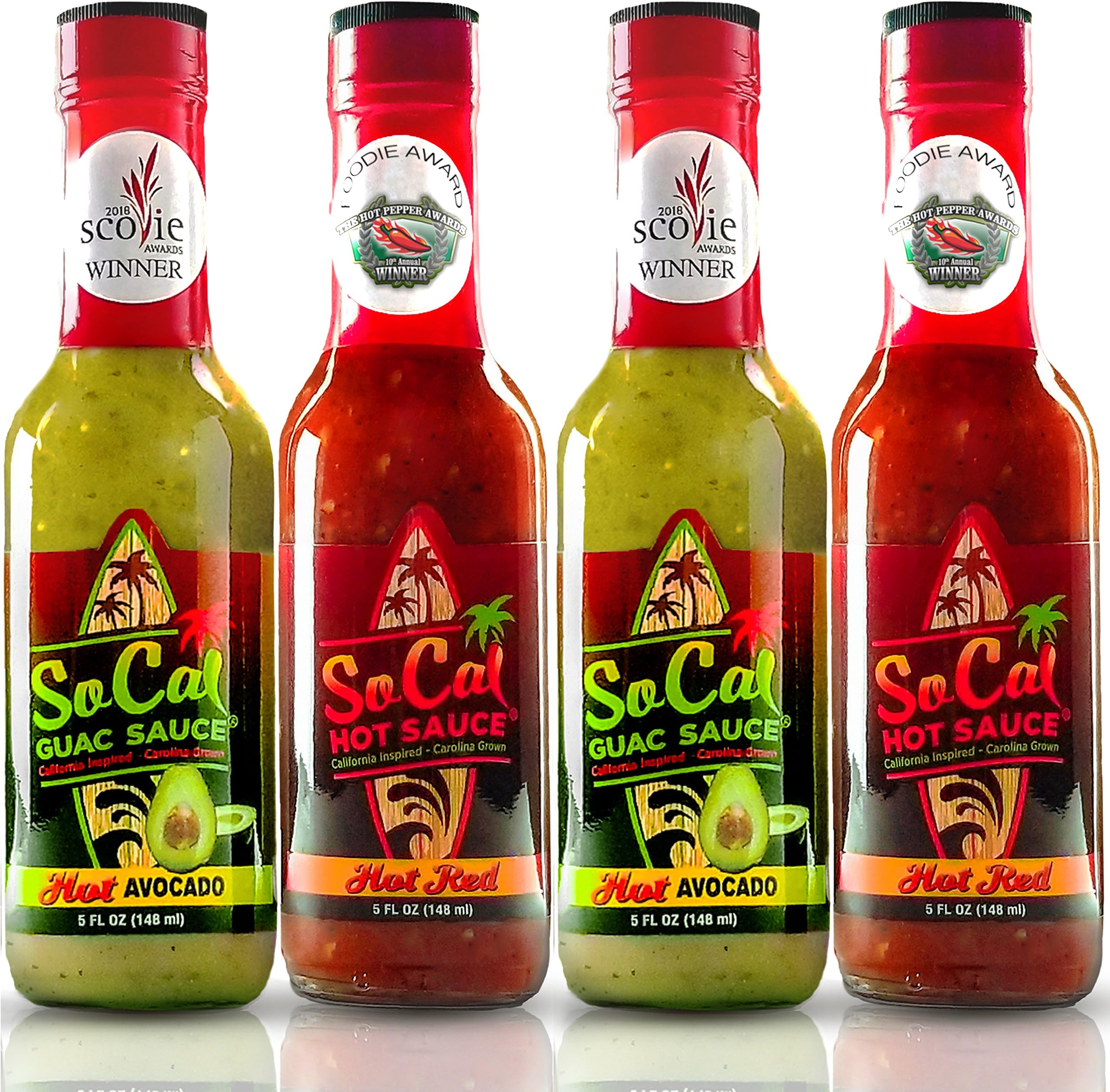 SoCal Hot Sauce | Spicy Set |4-Pack| 2 Bottles Each of: Hot Avocado Guac Sauce- Smooth Salsa Verde with Fiery Green Chiles | Hot Red- Authentic Cali Style Ghost Pepper and Habanero Taco Hot Sauce