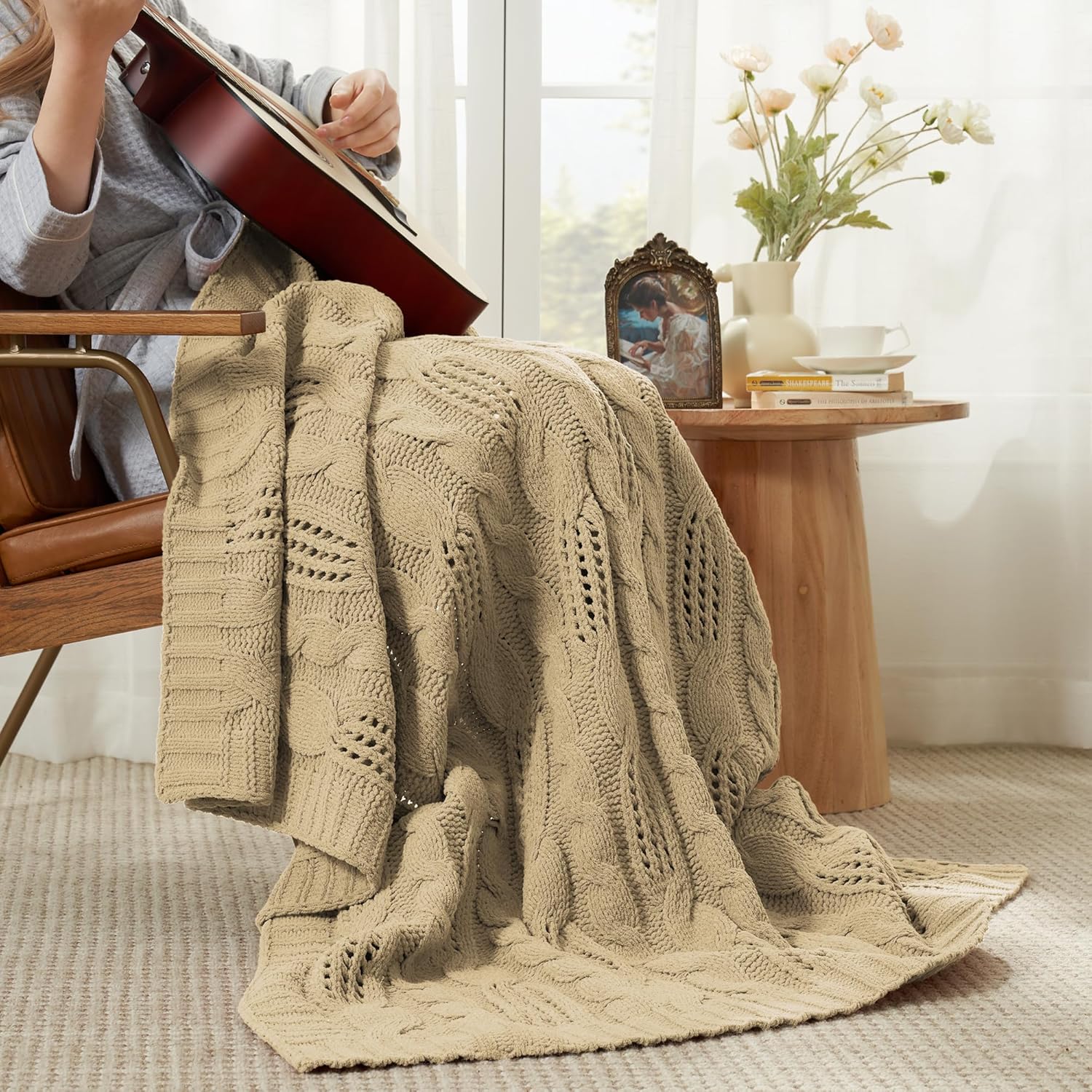 Amélie Home Chunky Knit Throw Blanket, Dual-Sided Soft Chenille Breathable Cable Knitted Blanket for Couch, Farmhouse Decorative Throw for Sofa & Chair, 50"x60", Beige - Image 3