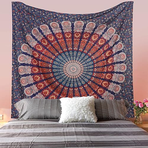 Miniatura 3 de Bless International - Tapiz hippie indio bohemio psicodélico azul dorado pavo real mandala colgante en la pared (azul dorado y blanco, póster