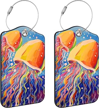 2 Pack Luggage Tags for Suitcase,Bright Colored Jellyfish PU Leather Luggage Tags with Privacy Cover Name Address Labels and Steel Ring,Creative Travel Accessories for Men and Women