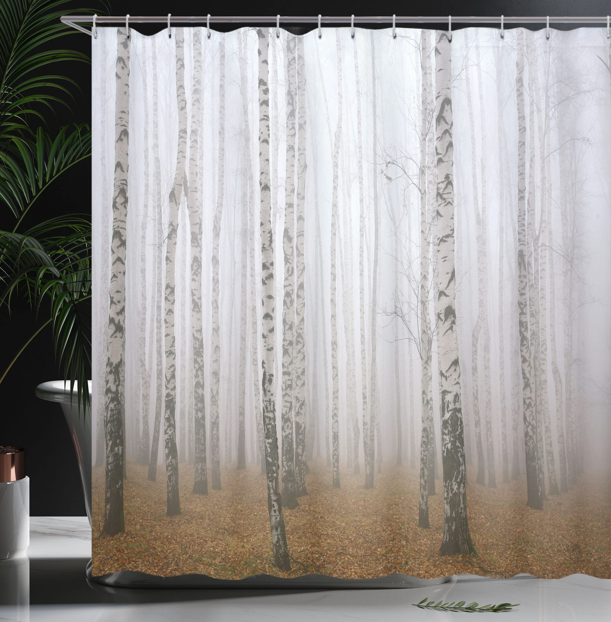 Ambesonne Forest Shower Curtain, Morning Mist in Autumn Birch Grove Flora Calm Serene Simple Nature Picture, Cloth Fabric Bathroom Decor Set with Hooks, 69" W x 70" L, Brown Ivory
