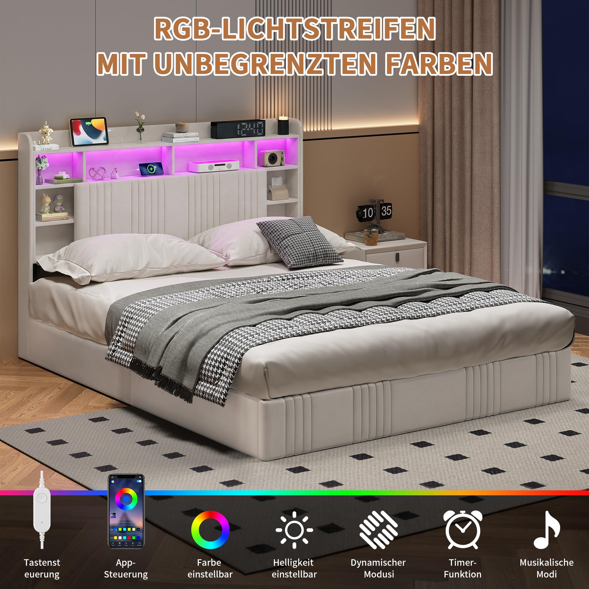 Polsterbett 140x200cm Doppelbett mit USB- und Typ-C-Ladeanschluss,LED Doppelbett Hydraulisch Stauraumbett mit Lattenrost,Jugendbett Funktionsbett,bett 140x200 mit stauraum (Beige+Leinen, 140x200cm)
