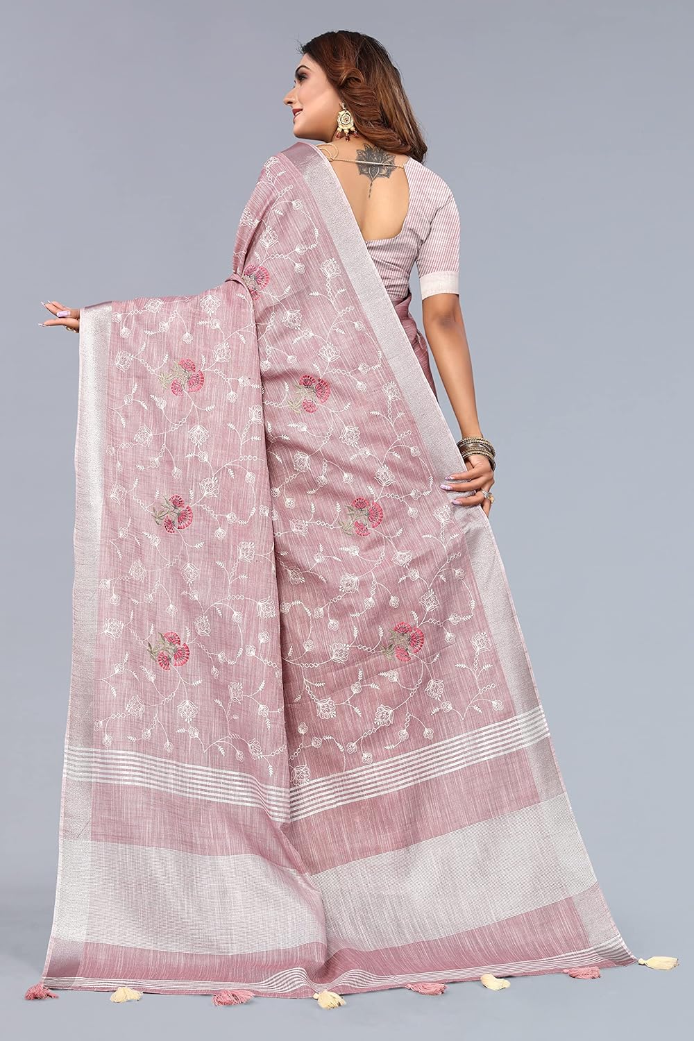 Women's Linen Cotton Embroidery Work Saree with Blouse Piece
