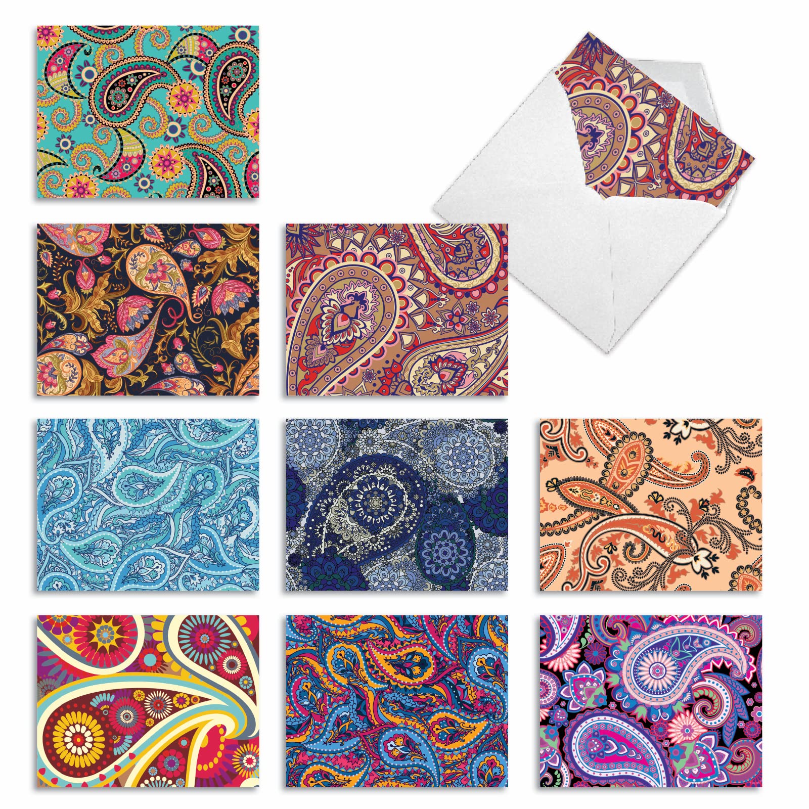 The Best Card Company - 10 Colorful Blank Note Cards with Envelopes (4 x 5.12Inch) - Assorted Boxed Set - Crazy for Paisley M6570OCB