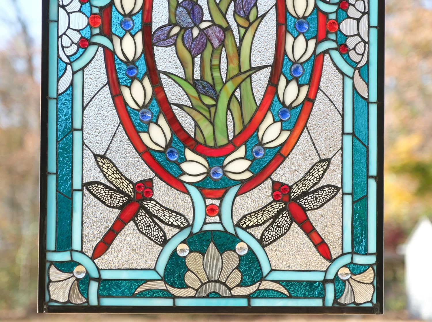 Tiffany Style Stained Glass Hanging Window Panel Dragonfly & Iris Flowers,20.5" x 34"