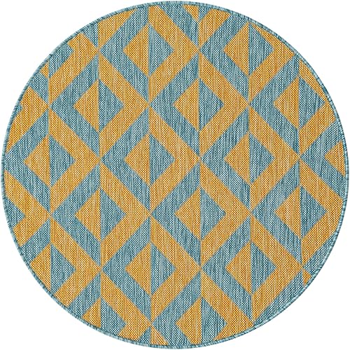 Vista 3 de Unique Loom Unique Loom Outdoor Collection - Alfombra de área - Napa (3 pies 3 pies, redonda, amarillo y aguamarina/amarillo)