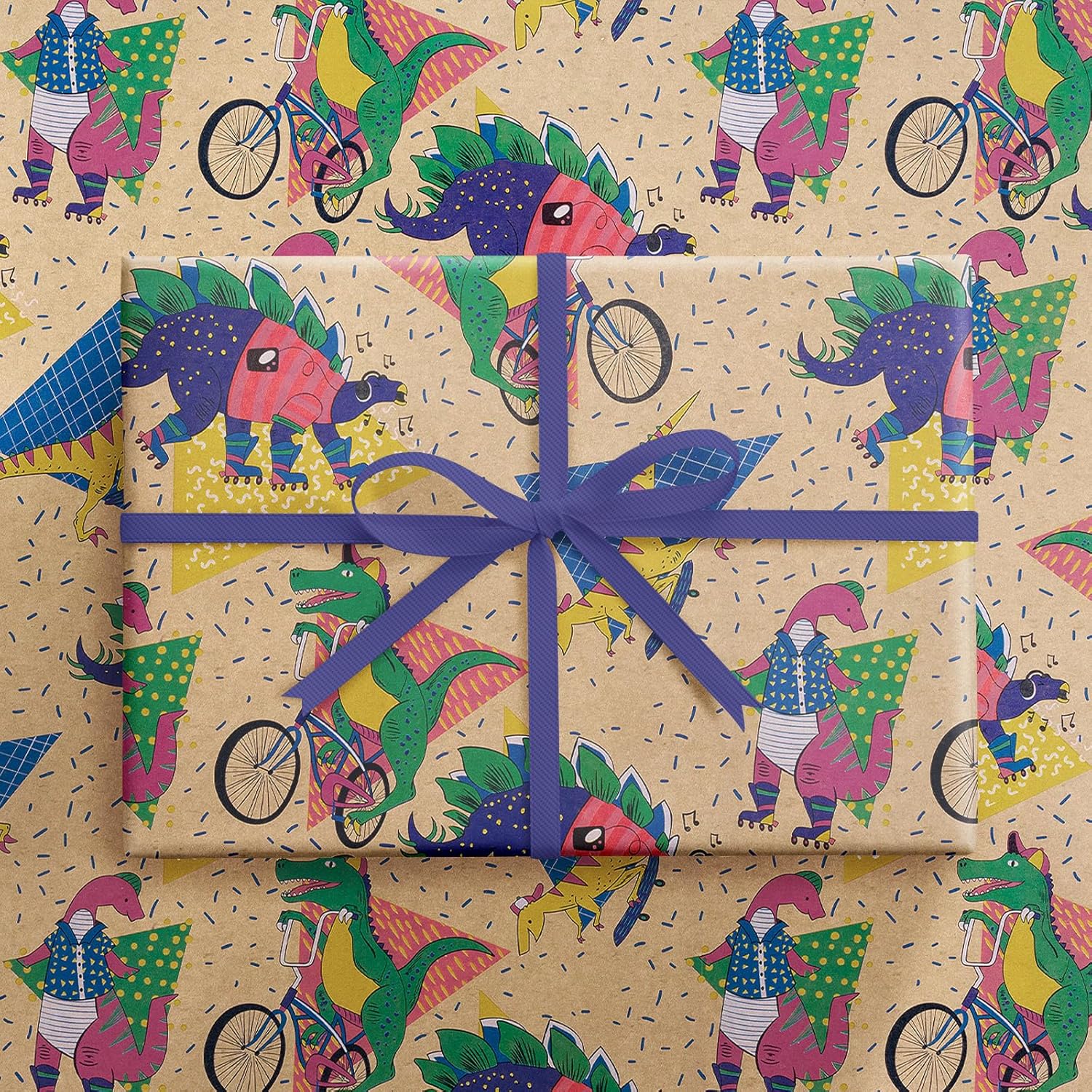 RUSPEPA Wrapping Paper Roll for Kids - 17 Inches x 16.4 Feet - Colorful Cartoon Dinosaur Design on Kraft Paper - Ideal for Boy or Neutral Gift Wrapping, Kids' Birthday Party and Baby Shower - Image 3