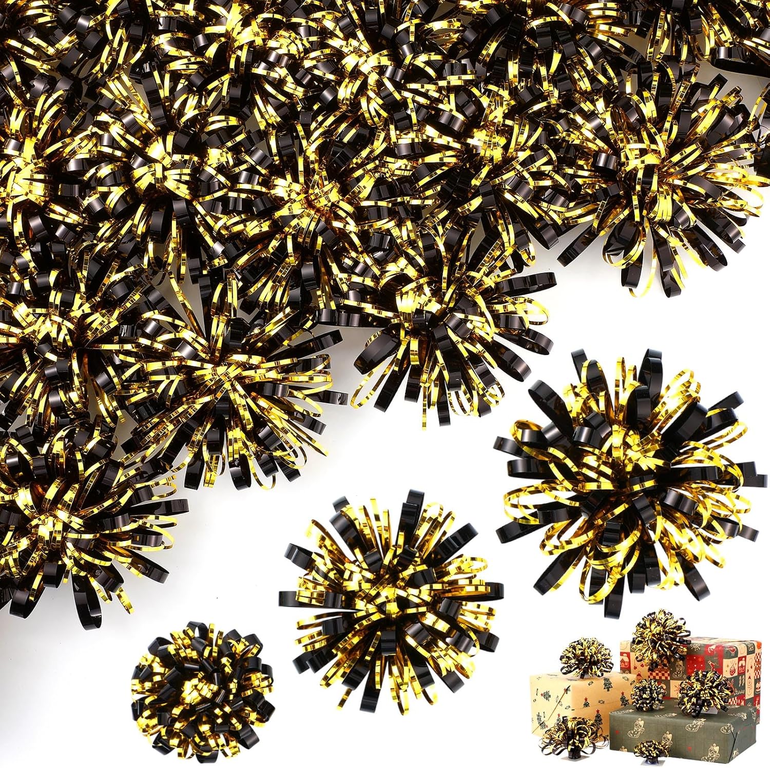 Yunlly 40 Pcs 2'' 3'' 4'' Christmas Bows Gift Wrapping Self-Adhesive Metallic Assorted Size Christmas Present Bows with Ribbon for Gift Basket, Holiday, Birthday, Anniversary(Black, Gold)