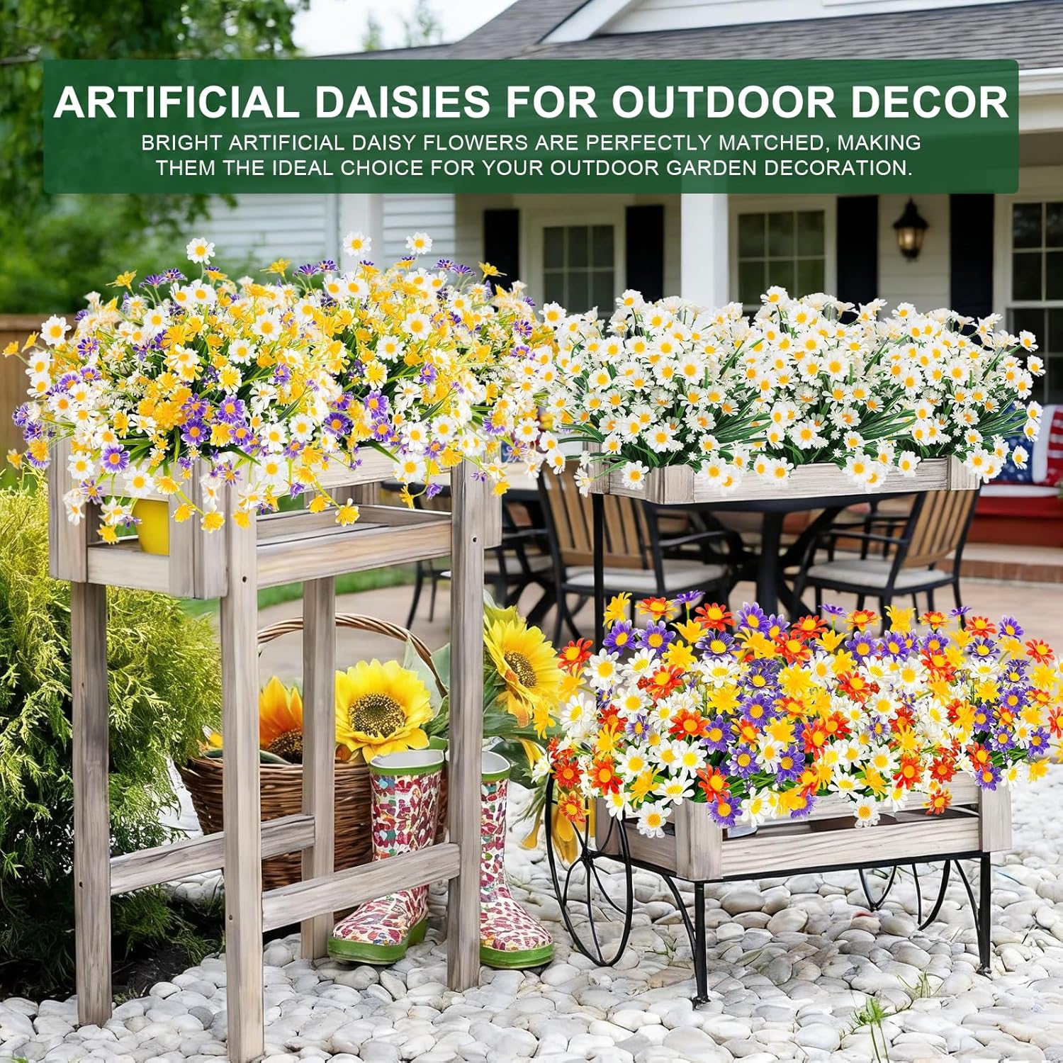 12 Bundles Artificial Daisy Flowers for Outdoors Spring Summer Decor, UV Resistant Fake Flowers Faux Plastic Greenery Shrub Plants for Outside Home Gardens Porch Planter Indoor Cemetery Décor(White) - Image 9