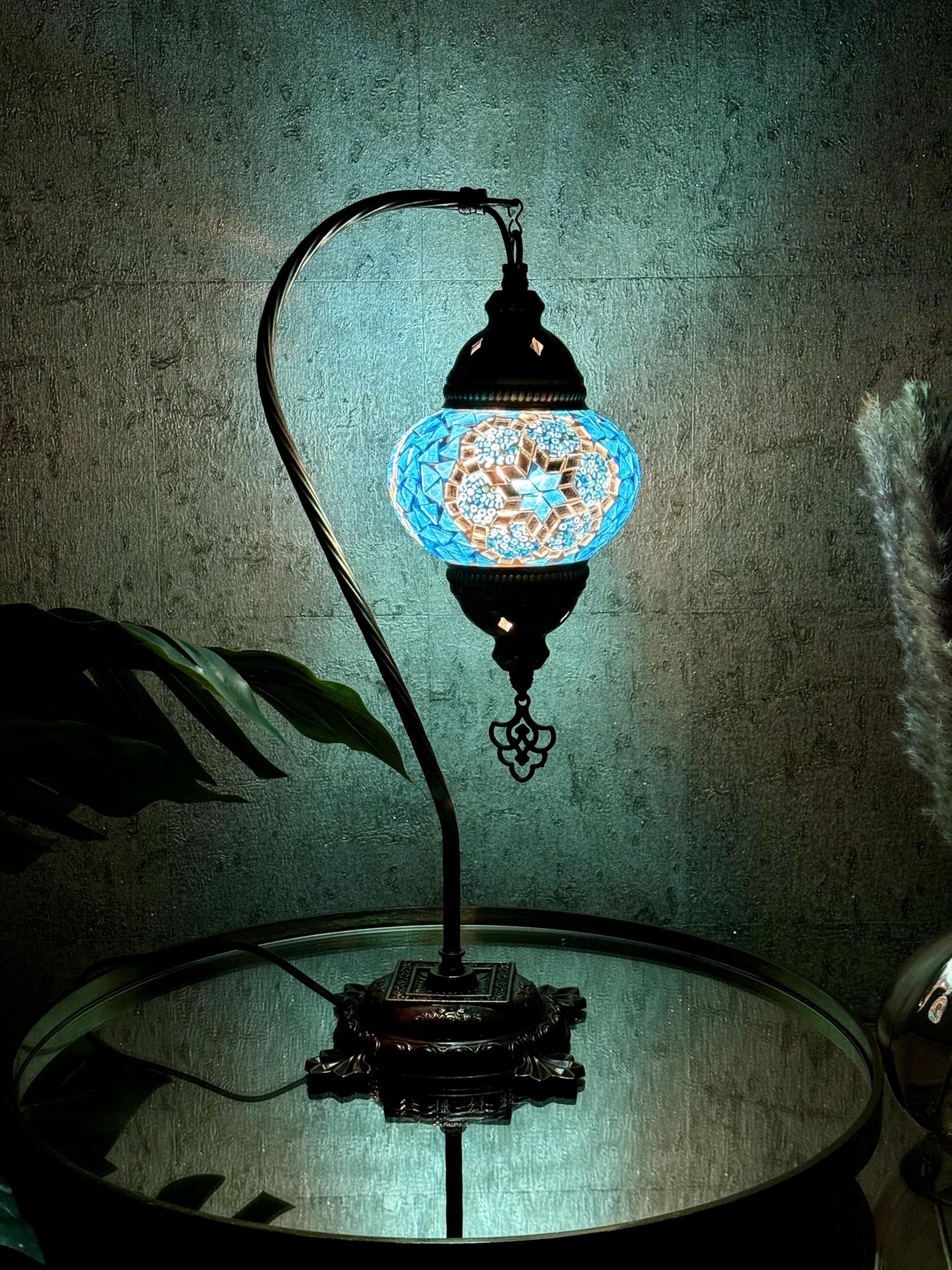 Lightza Handmade Turkish Moroccan Mosaic Desk Lamp LED Bulb | Swan Neck Unique Globe Lampshade Table Light | UK Tested Safe Energy Efficient (White & Blue Star) — image 1