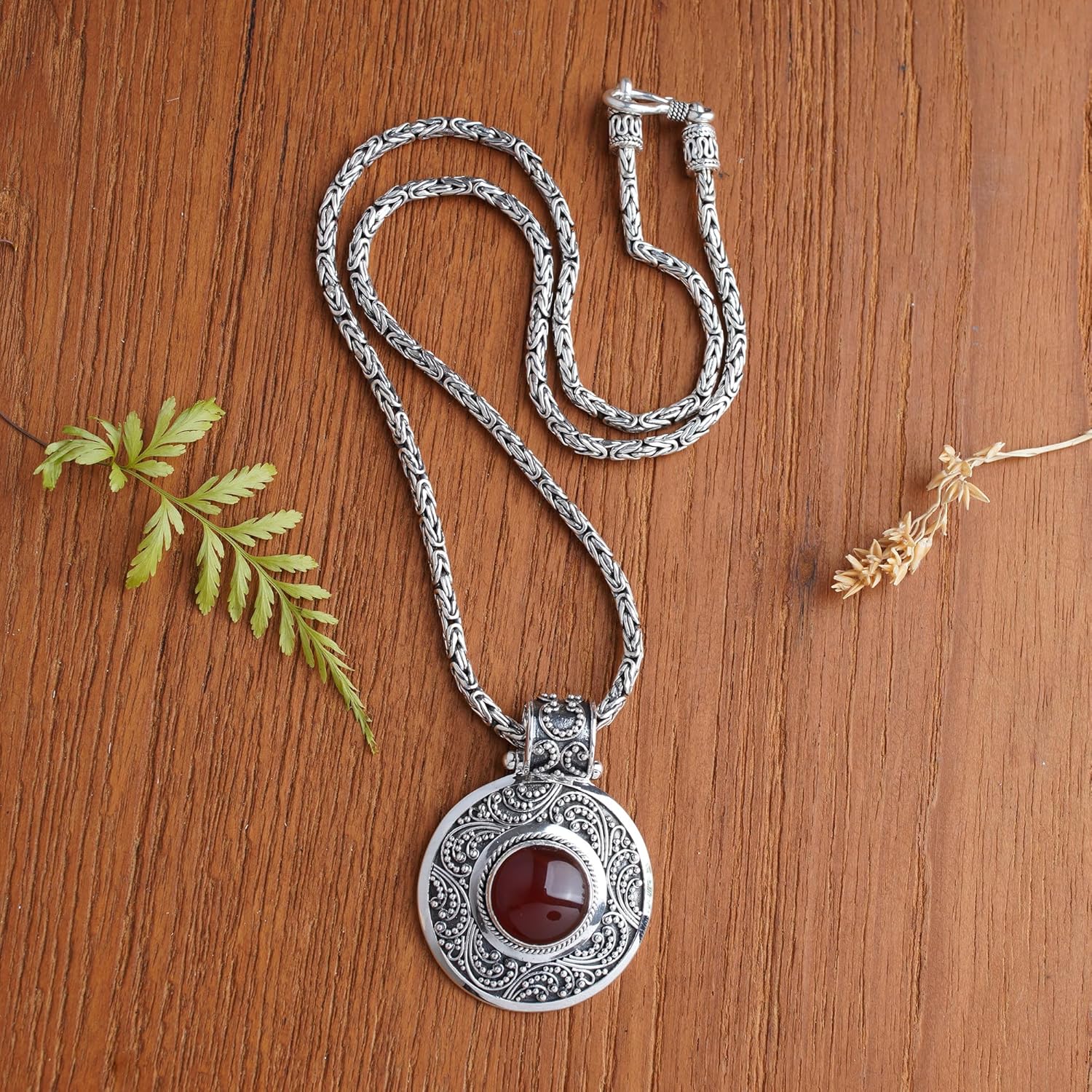 NOVICA Artisan Handmade Carnelian Necklace Sterling Silver from Indonesia Red Pendant Aurora Marsala Birthstone Balinese Traditional [19.75 in L x 0.1 in W Pendant(s) 1.6 in L x 1.2 in W] ' Luxury' - Image 3