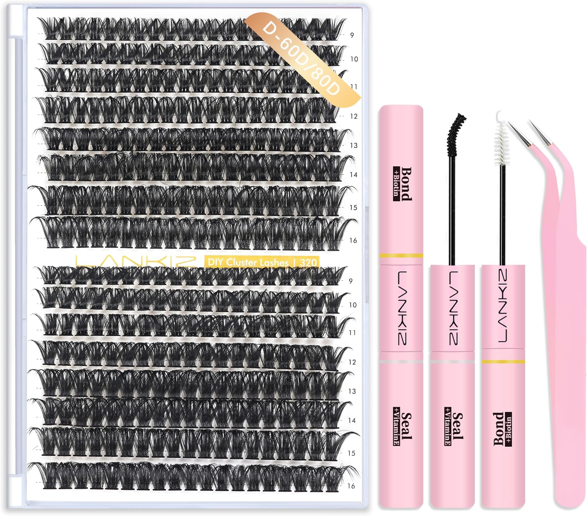 Cluster Lashes Kit - 9-16mm D Curl 320PCS Individual Eyelashes Kit with Lash Bond Seal Tweezers - LANKIZ 60D 80D Natural Wispy Fluffy Eyelash Clusters for DIY Lash Extensions