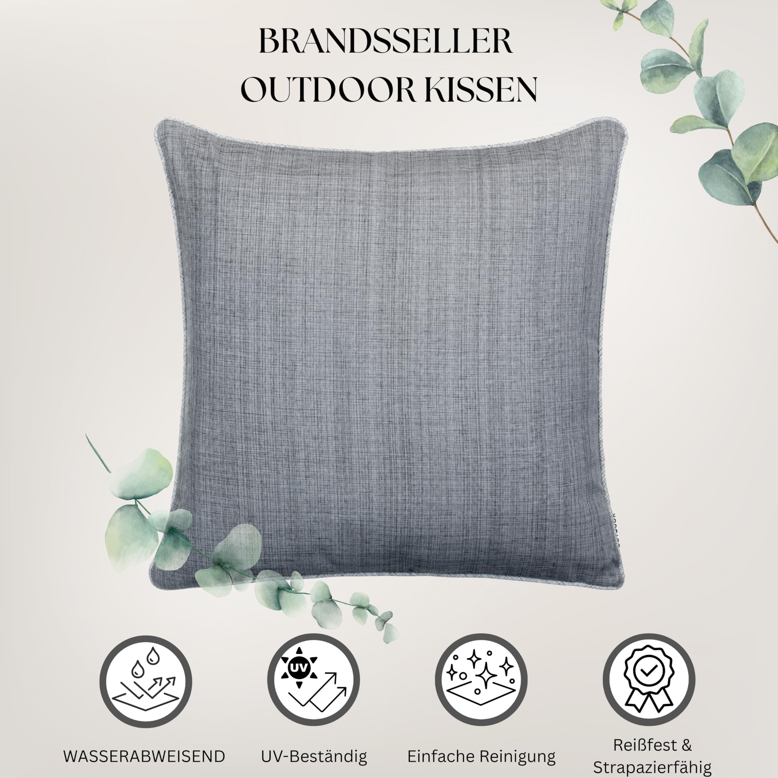 Brandsseller Set di 4 Cuscini da Esterno 45x45 cm – Cuscini Decorativi con Elegante Bordino a Contrasto effetto Lino – Idrorepellenti e Antimacchia per Giardino, Balcone, Terrazza e Divano - Grigio