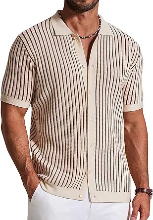 COOFANDY Men's Knit Button-Down Short Sleeve Polo Shirt, Vintage Striped Casual