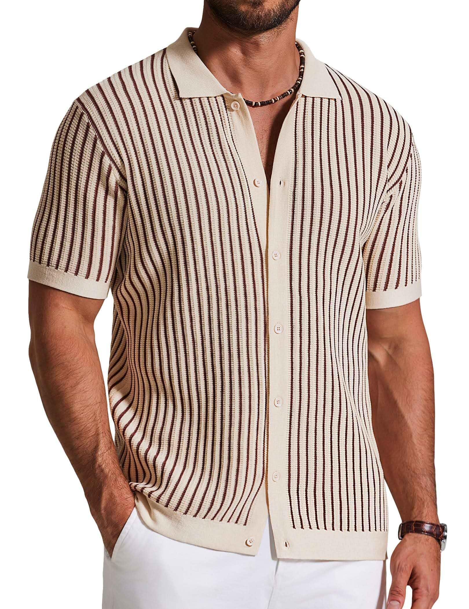 COOFANDY Mens Knit Button Down Shirts Short Sleeve Polo Shirt Vintage Striped Casual Shirts Striped