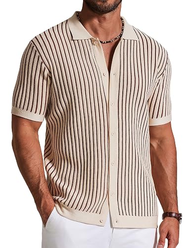 COOFANDY Mens Knit Button Down Shirts Short Sleeve Polo Shirt Vintage Striped Casual Shirts