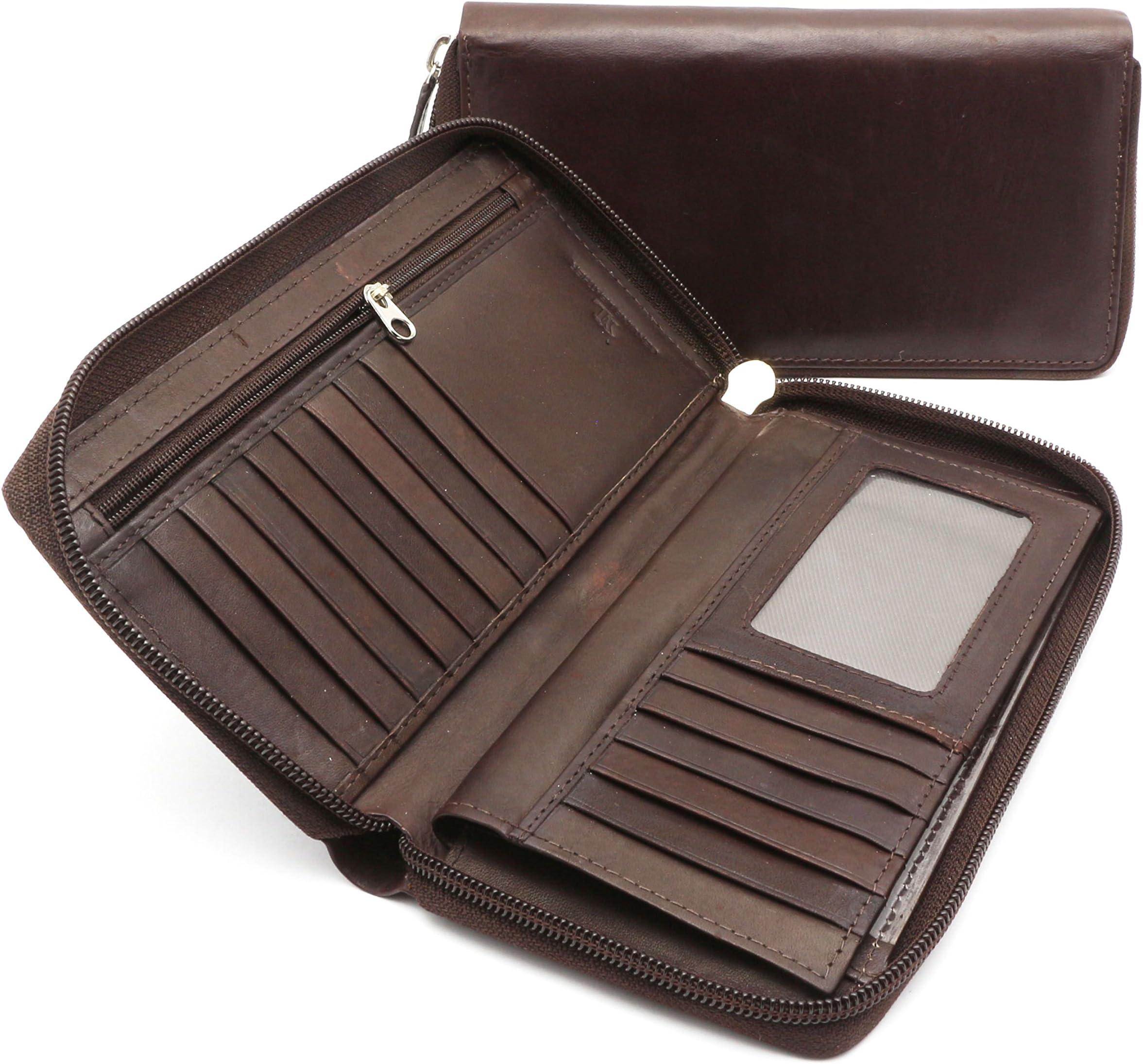 Bifold Brown Leather Checkbook Holder Zip Around Wallet with Detachable Flap