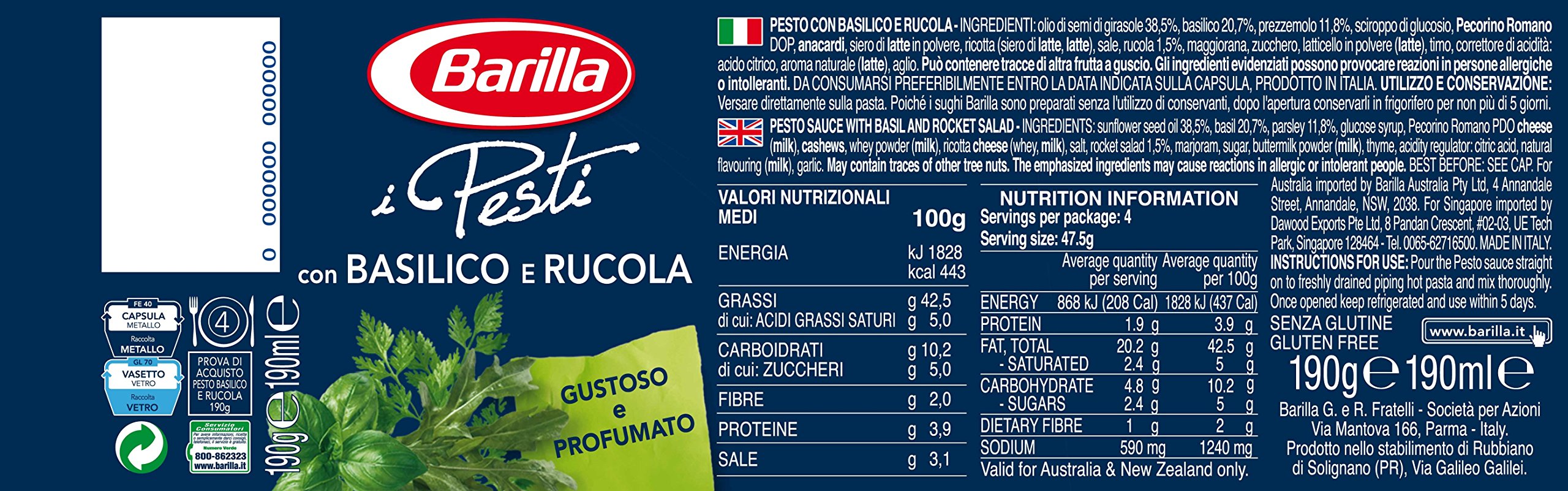 Barilla - Pesto, con albahaca y rucola, sin gluten (4 piezas)