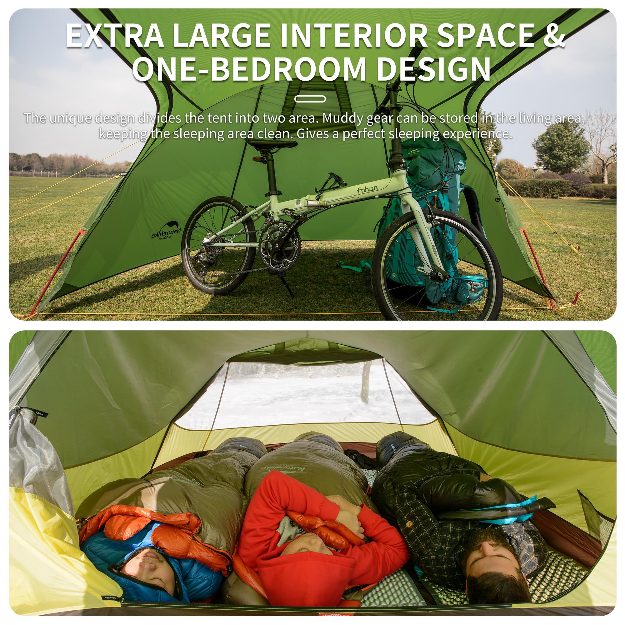 Naturehike Tenda a tunnel per 2/3 persone per 3-4 stagioni, leggera e impermeabile e antivento, tenda da campeggio con veranda, tenda da trekking per ciclismo, escursionismo, alpinismo, attività