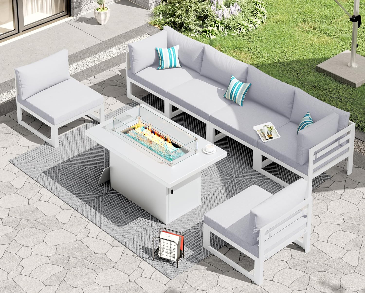 RADIATA 6 Person Large Modern Aluminum Outdoor Patio Furniture Set with Fireplace, 29" Wide Deep Seating, U Shaped Combo Sectional Couch, Water Resistant Conversation Set for Backyard Terrace, White