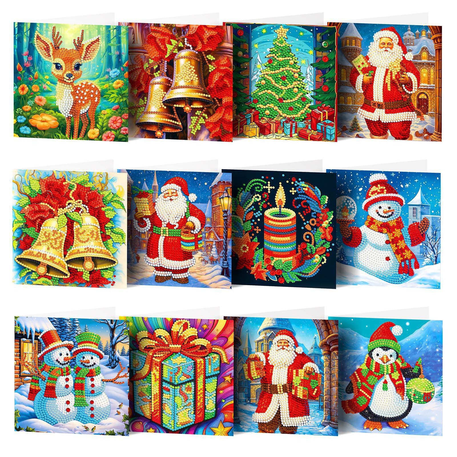 12 Set Diamond Painting Christmas Cards 5D Diamond DIY Painting Cards Double-Layer Christmas Greeting Cards Handmade Diamond Pasted Santa Claus Snowman Art Cards Making Craft Gift with Envelope (A)