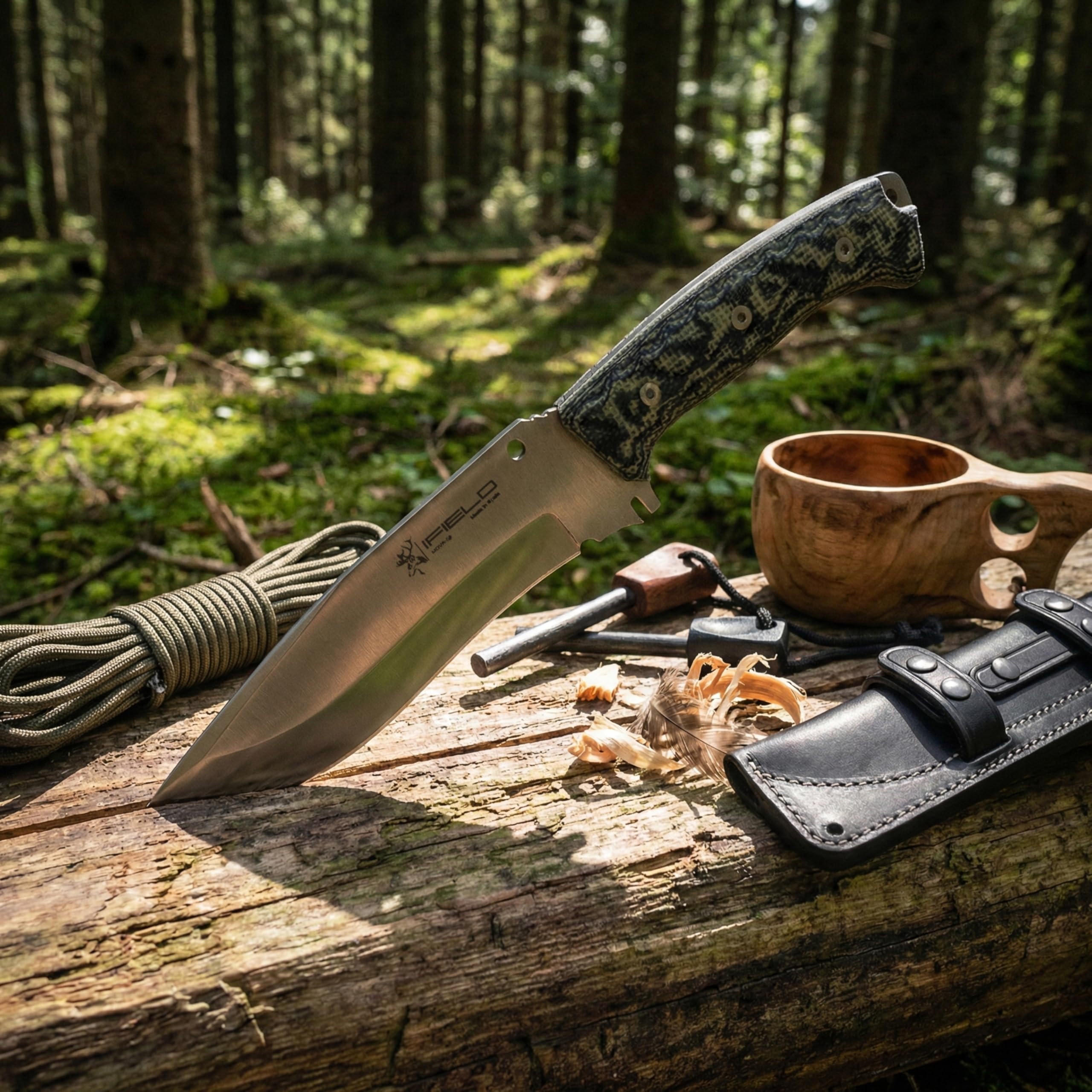 Nóż survivalowy Workout EL29119, MOVA 18 cm. Ostrze, rękojeść z granitu TRF, z czarną, wielopozycyjną skórzaną osłoną, narzędzie kempingowe do wędkowania, polowania i uprawiania sportu