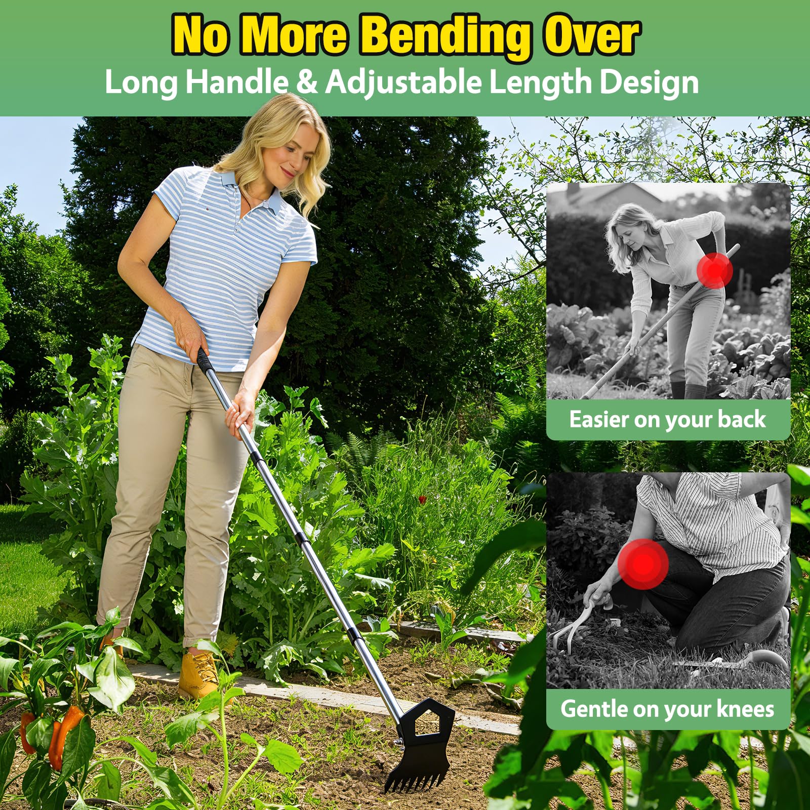 Weed Puller Tool with Long Handle, 2 in 1 Garden Hoe & Weeding Rake, Heavy Duty Weed Remover for Garden, Lawn & Flower Beds — view 3