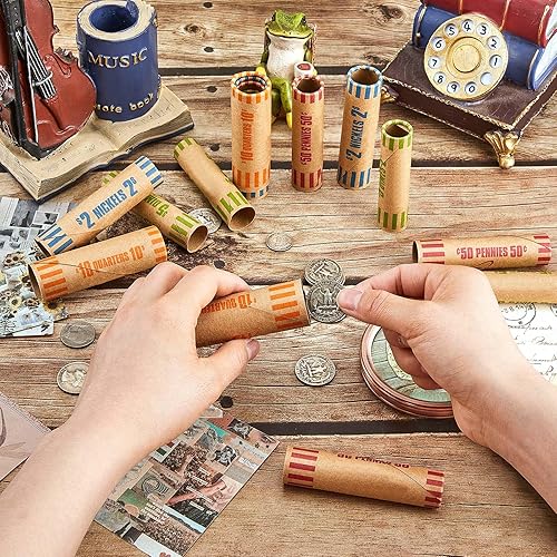Miniatura 6 de Outus 512 piezas de rollos de envoltorios de monedas surtidos, rollos de papel preformados en masa, incluye rollos de veinticinco centavos, centavos