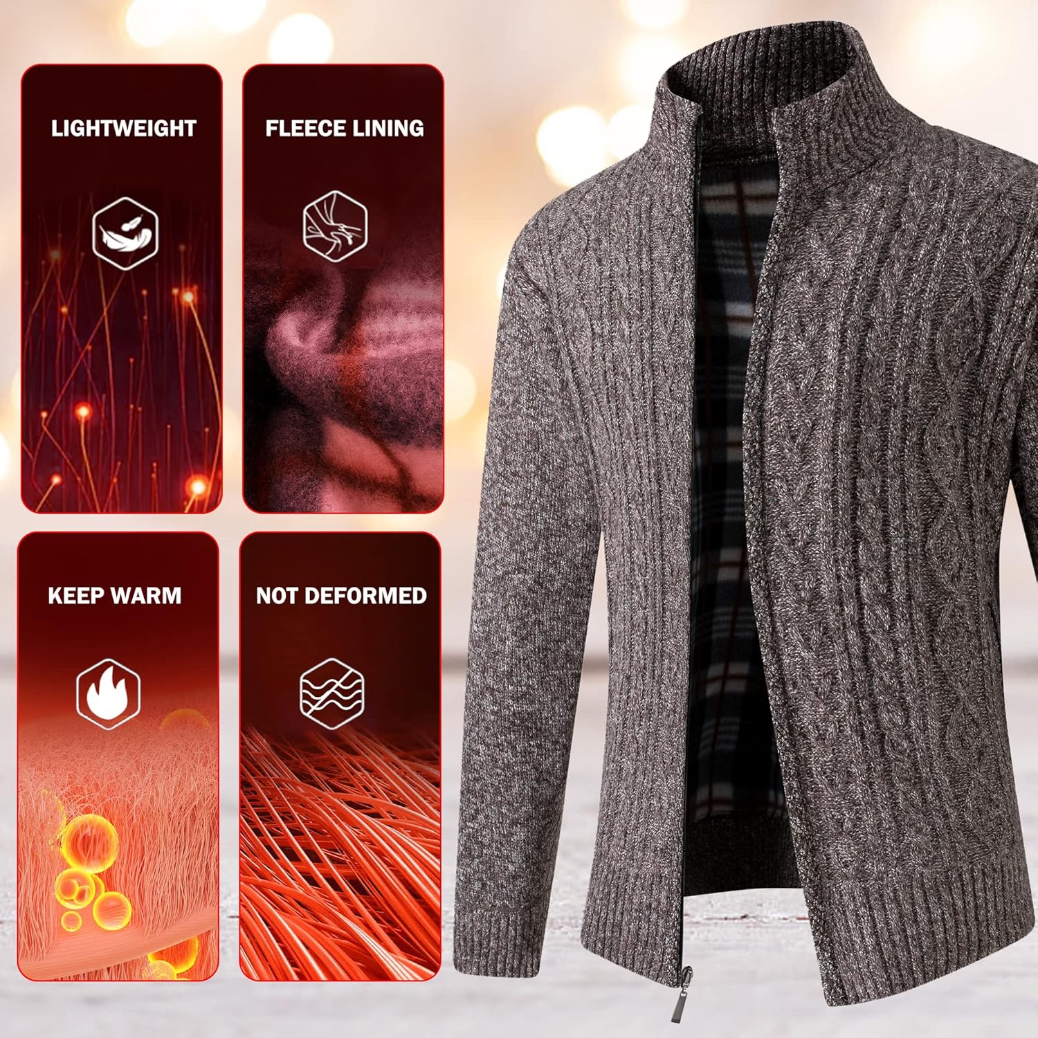 JYG Cardigan Sweaters for Men Full Zip Fleece Lined Up Stand Collar Slim Fit Knitted Sweater with 2 Front Pockets - Image 4