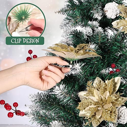 Miniatura 22 de Flores de Pascua de Navidad, 12 flores de Pascua artificiales, adornos dorados para árbol de Navidad con tallos y clips para coronas de Navidad