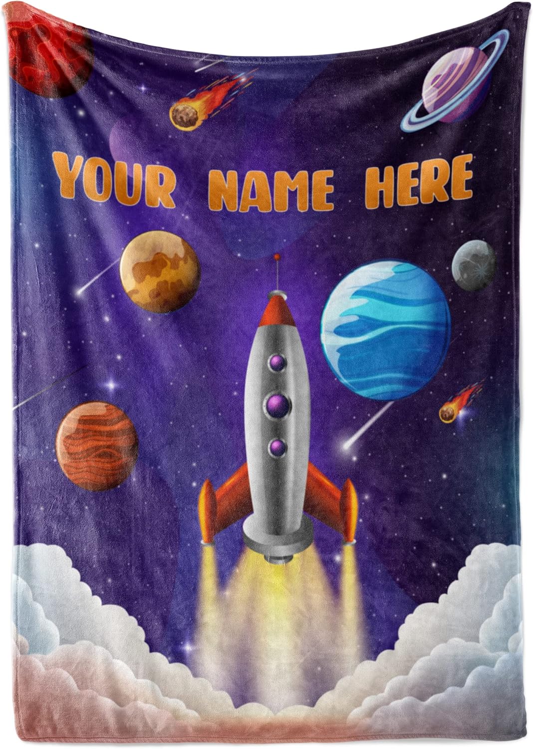 Personalized Rocket Ship Blanket for Kids, Cute Custom Name Throw for Boys and Girls, Fun Outer Space, Galaxy, and Planets, Soft and Plush, Birthday or Christmas, (Fleece 50x60)
