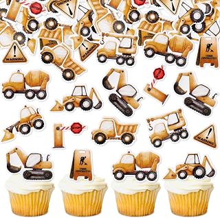 Ercadio 45 PCS Edible Construction Cupcake Toppers Stop Sign Dump Truck Excavator Tractor Party Cake Food Picks Decorations for Construction Theme Baby Shower Kids Birthday Party Supplies