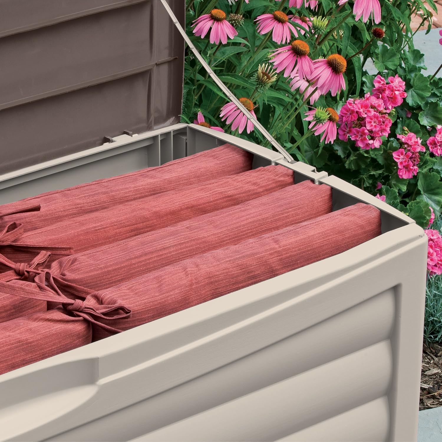 Suncast Resin 103-Gallon Large Storage Box with Wheels-Outdoor Bin for Gardening Tools, Seat Cushions, and Other Accessories, Store Items on Deck, Patio, Backyard, Taupe : Outdoor Storage Benches : Garden & Outdoor