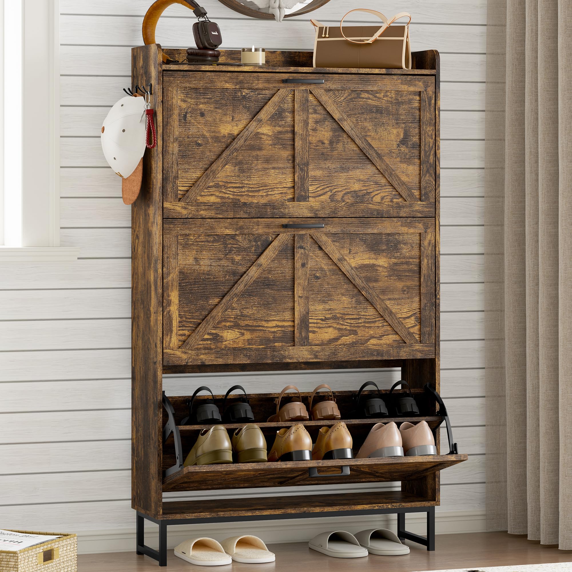 BORNOON Shoe Cabinet with 3 Flip Drawers Narrow Shoe Storage Cabinet Organizer Wooden Freestanding Shoe Rack Hidden Slim Shoes Storage Cabinet for