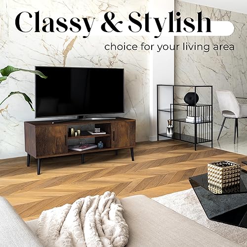 Miniatura 6 de Soporte de TV moderno Mid-Century de 45 pulgadas con 2 puertas laterales consola central de entretenimiento para sala de estar, dormitorio, oficina,