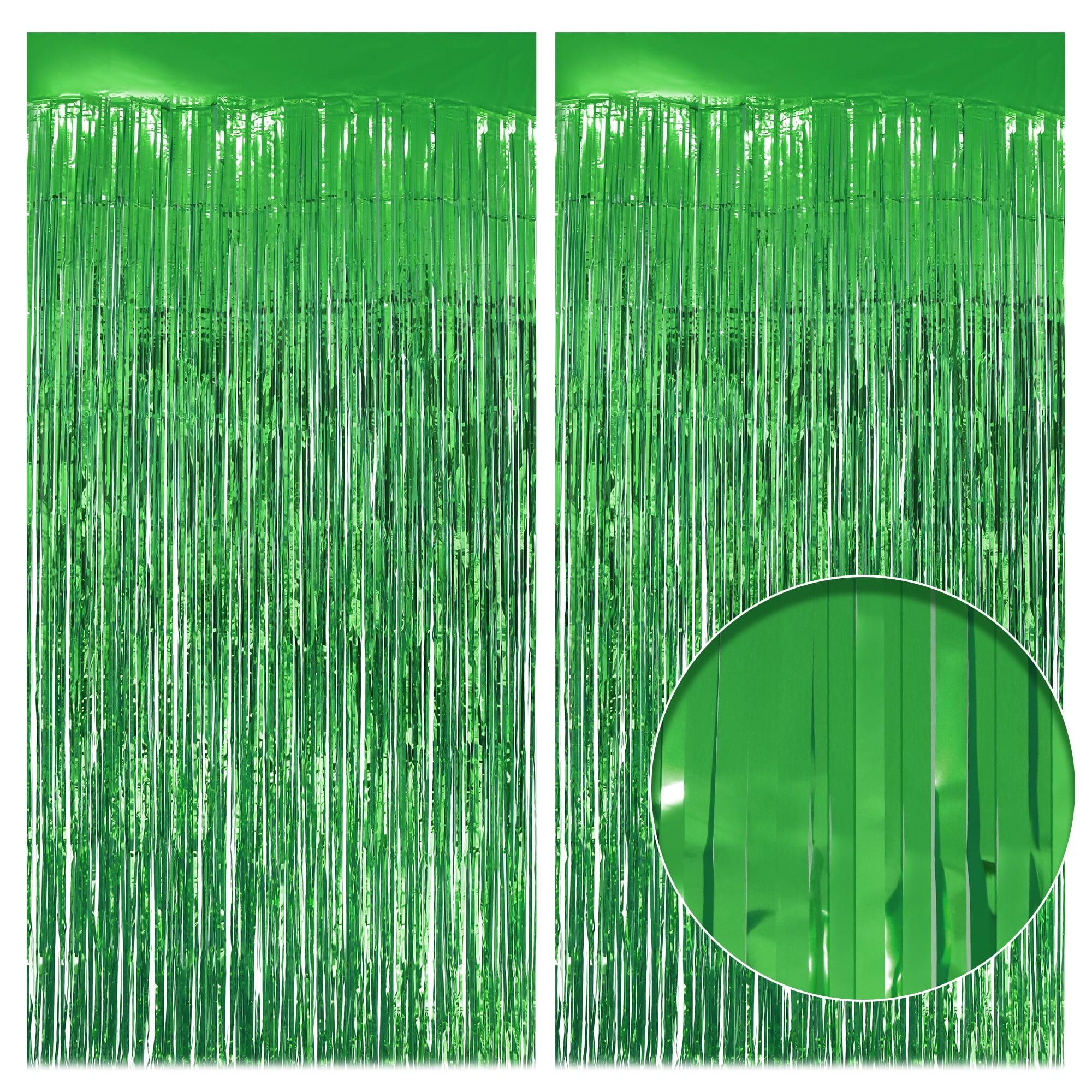 2 Pack Green Fringe Backdrop, 3.2x8.2ft Shining Foil Tinsel Curtains, Birthday Party Decorations Door Streamers for Halloween, Christmas, Wedding,