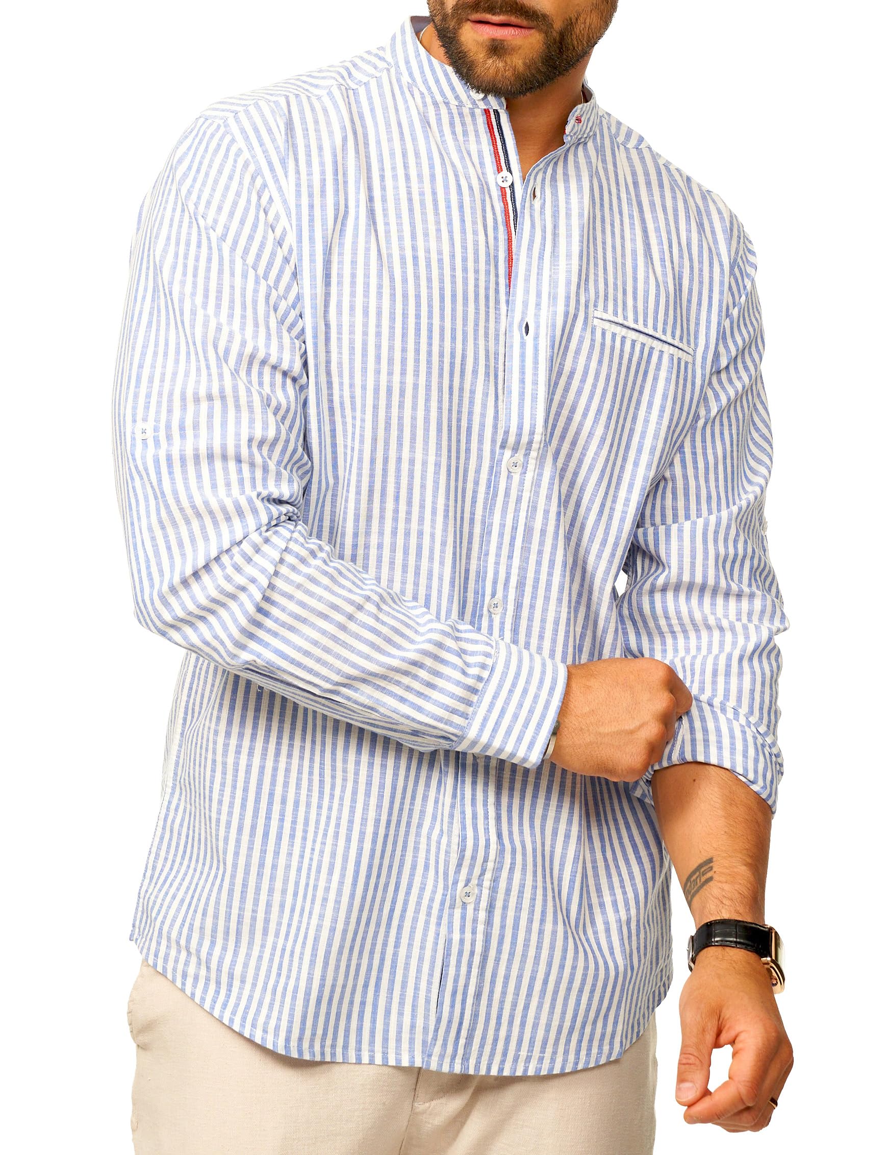 behype. Herren Leinenhemd als Langarmhemd Gestreift - Freizeithemd im Regular-Fit mit Stehkragen Sommerhemd - Strandhemd im Sommer-Look für Männer