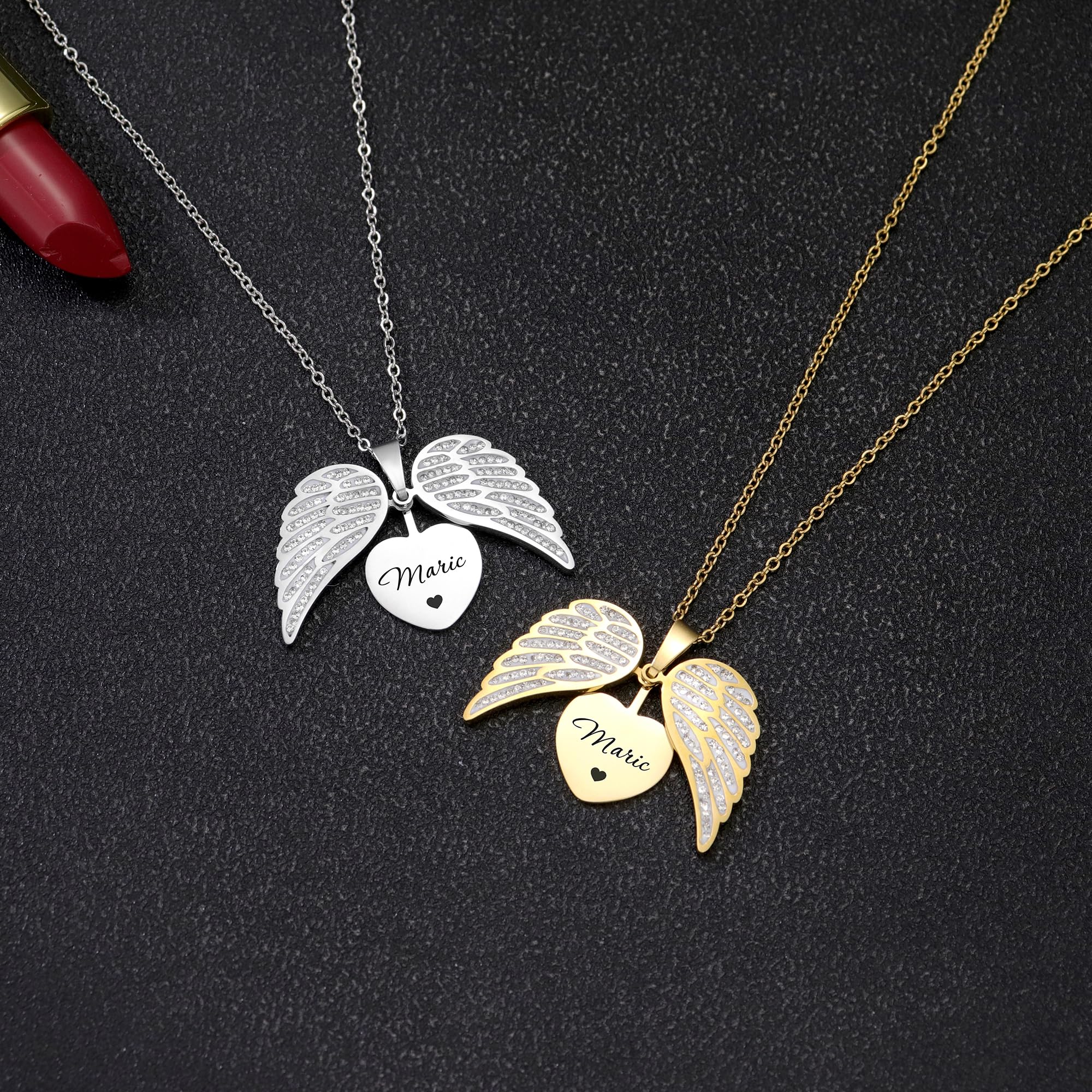 Personalizado alas de ángel collar personalizado grabado nombre collar corazón relicario parejas joyería conmemorativa regalo para mujeres hombres