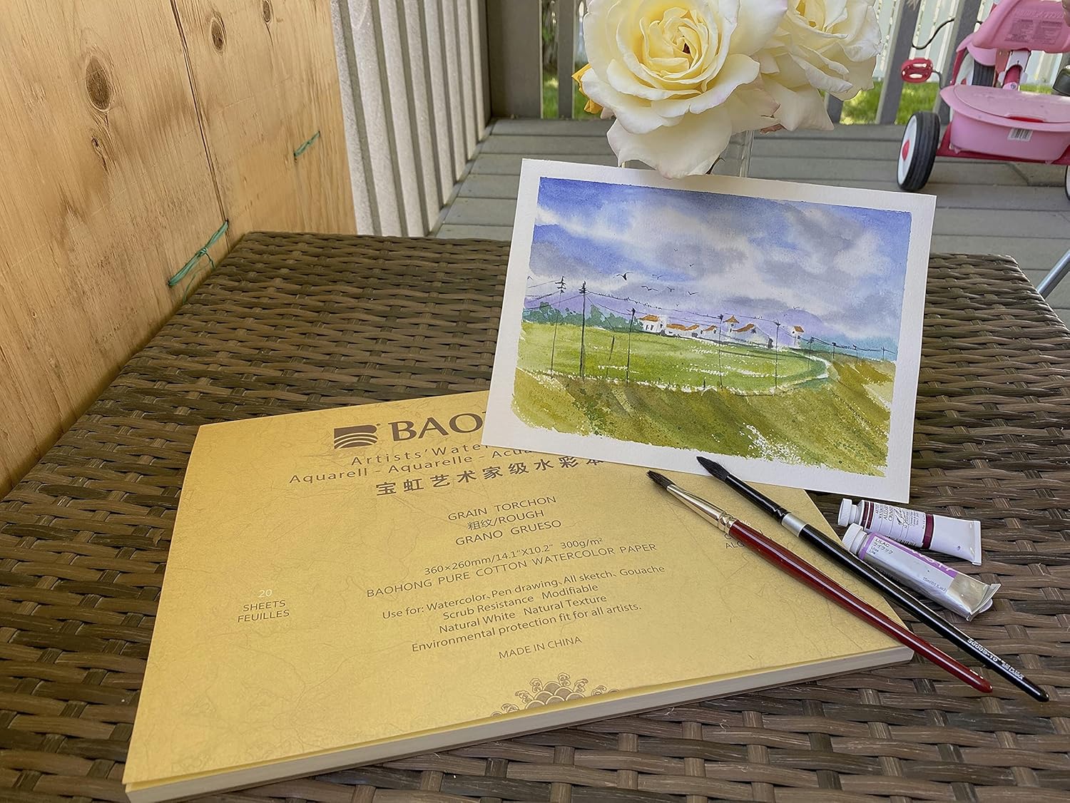 BAOHONG Artists' Watercolor Paper Block (20 Sheets, glued on Four Edges), 100% Cotton, Acid-Free, 140LB/300GSM, Watercolor Art Supplies for Wet, Dry, and Mixed Media Painting (Rough Grain 14.1"X10.2")