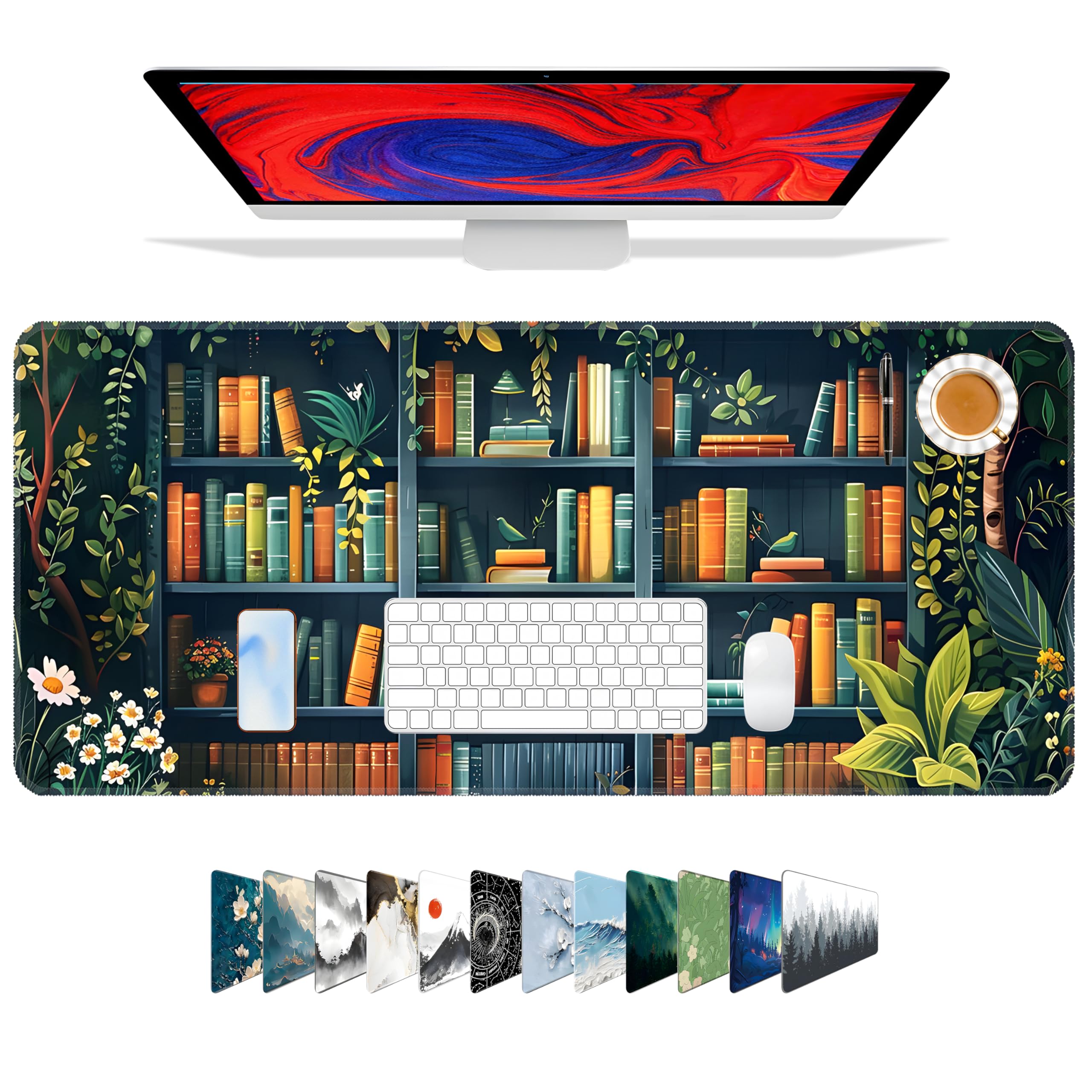 Galdas, Gaming-Mauspad XXL, extra groß und lang, rutschfestes Gummipad mit genähten Kanten für Laptop, Heim, Büro (80 × 30 × 0,2 cm) – Bücher-Motiv