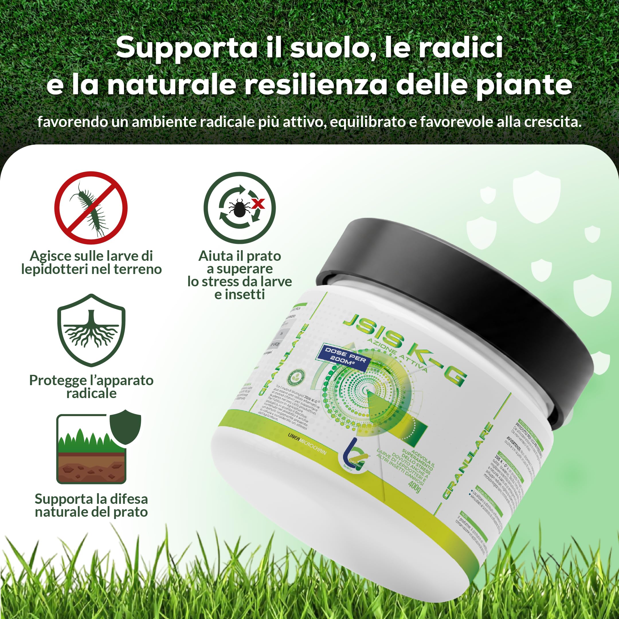 B4Green JSIS K-G Granulare 400g per 200m² – Bacillus Thuringiensis Kurstaki Israelensis Larvicida Biologico per Prato, Larve di Lepidotteri e Bruchi, Ammendante per Agricoltura Biologica