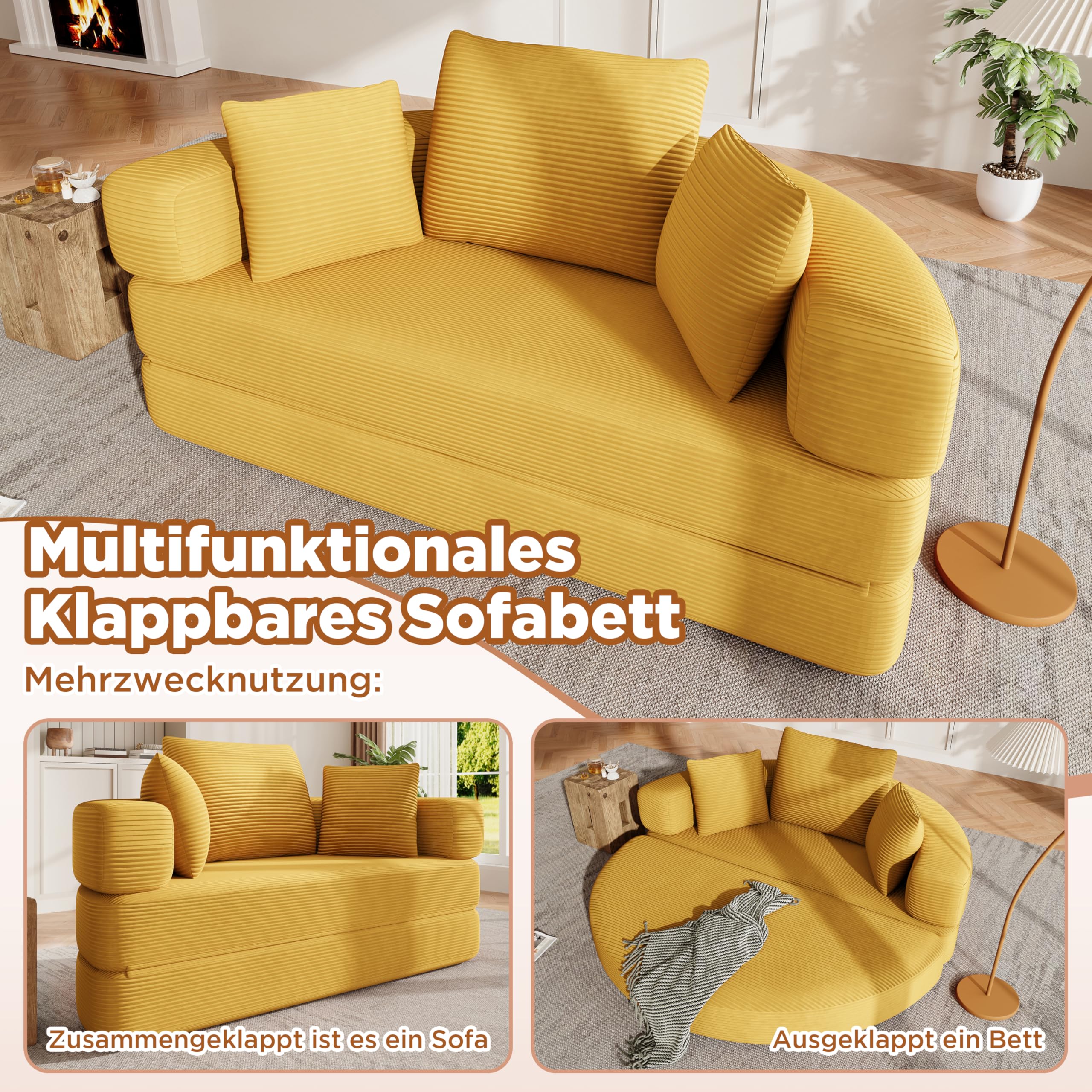 Merax Klappsofa Bett 2 in 1 Boneless Couch Schlafsofa Klappsofa Bett Gästebett Lazy Sofa Bodensofa, Modulares Bodensofa mit Kissen, oval 173x176 cm, Sofa für Wohnzimmer & Schlafzimmer,Gelb