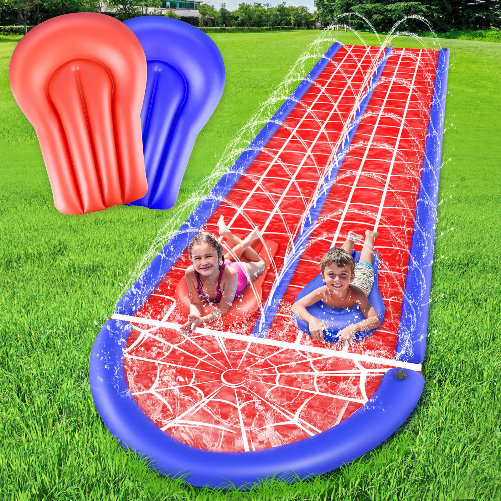30Ft Slip Water Slide with 2 Bodyboards, Extra Long Slip and Slide Heavy Duty Double Lane for Adults and Kids, Summer Outdoor Water Toys Outside Play Backyard Games with Sprinkler