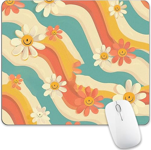 Alfombrilla de mouse rectangular con cara sonriente, diseño de margaritas, diseño de flores de margarita, alfombrilla de mouse rectangular para