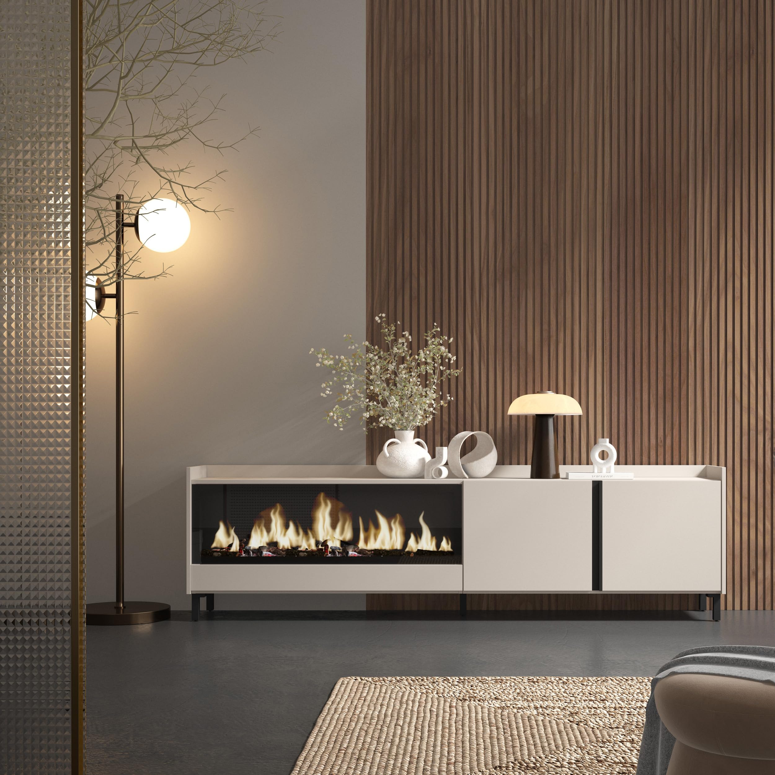 Skraut Home | Mueble TV | Muebles de salón, almacenaje | 212x61x35 cm | para televisión hasta 80" | Chimenea eléctrica XXL | Diseño Industrial | Estilo Moderno | Beige