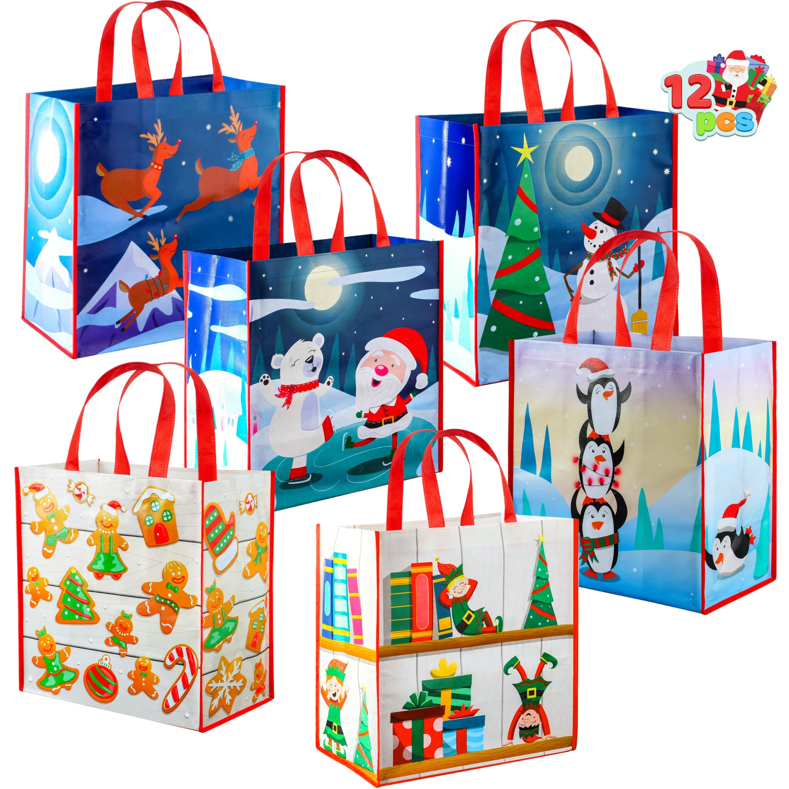 JOYIN 12 Bolsas de Asas Grandes Navideñas de 34 x 35cm Bolsas Reutilizables para Compras Navideñas, Bolsas de Regalos para Fiestas de Navidad