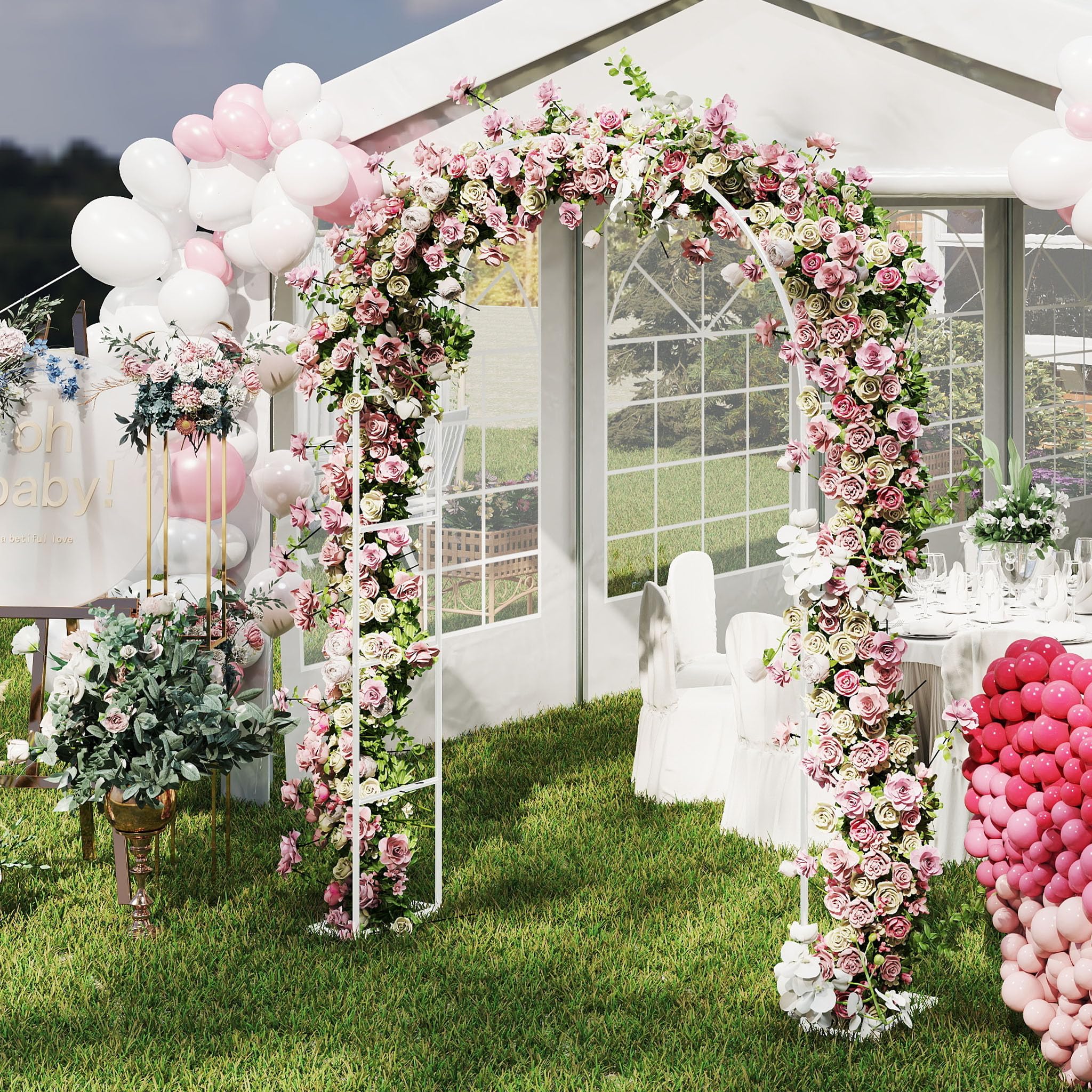 XMTECH Arche de jardin en métal - 192 x 38 x 240 cm - Arche stable avec plaques de sol - Tuteur pour plantes grimpantes - Pour jardin, mariage et célébrations - Résistant aux intempéries - Blanc