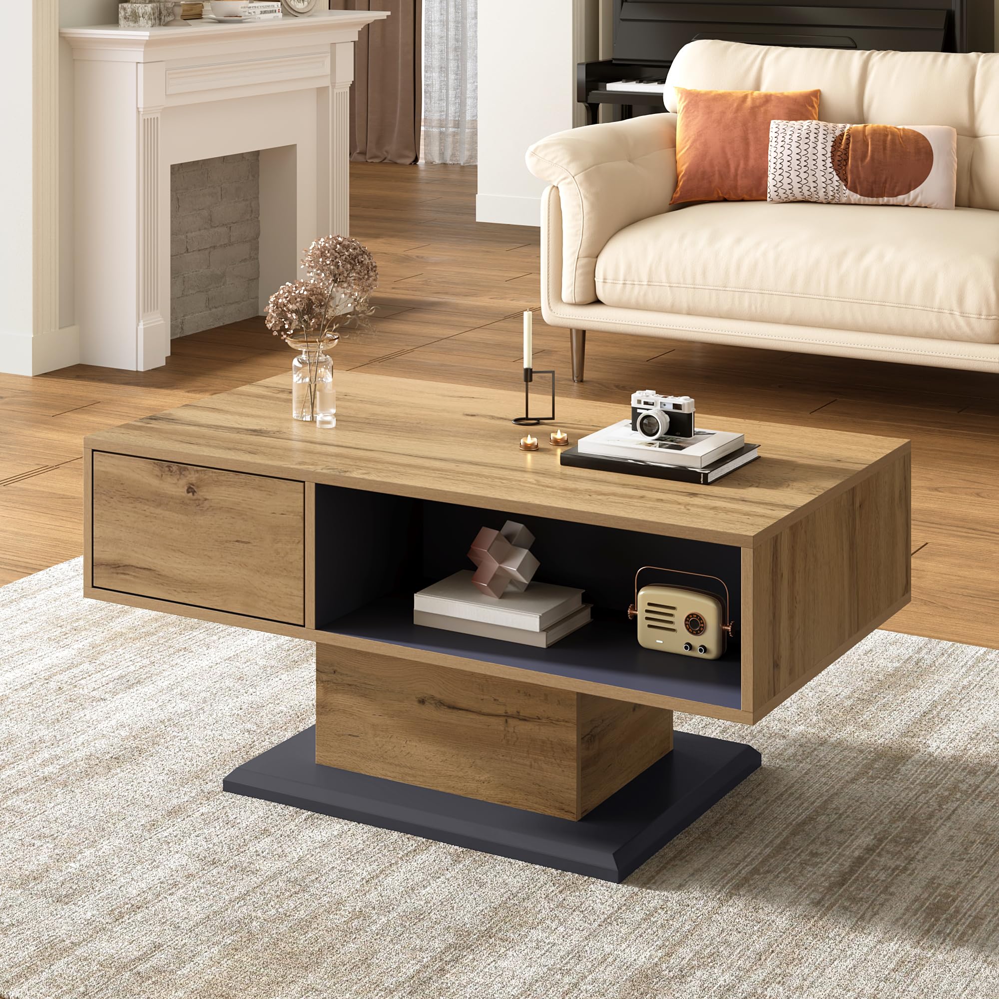 Merax Couchtisch mit doppelseitigem Stauraum 100x50x46,5 cm, Wohnzimmertisch mit großem Ablagefach, Innenfach & Holzoptik, Sofatisch minimalistisch