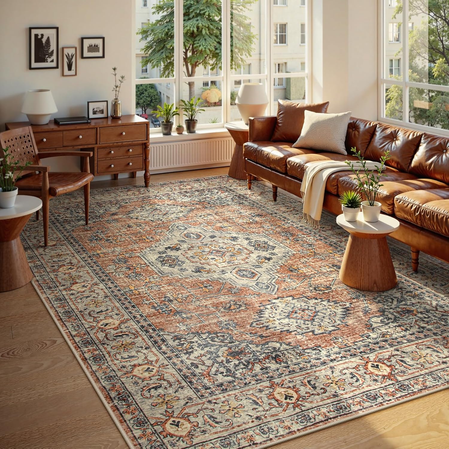 Lahome Oriental Washable Rugs 8x10, Non-Slip Soft 8x10 Rugs for Living Room Bedroom, Stain Resistant Ultra-Thin Vintage Accent Carpet for Dining Room